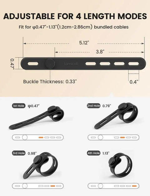 Silicone Cable Ties 10 Pack Cord Organizer With Secure Lock Buckle Durable Reusable Wire Management Strap, size and design details.