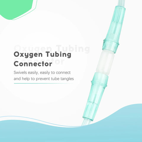 Hecatelly Oxygen Tubing Swivel Connectors on clear tube, turquoise 360° rotatable, prevents tangles.