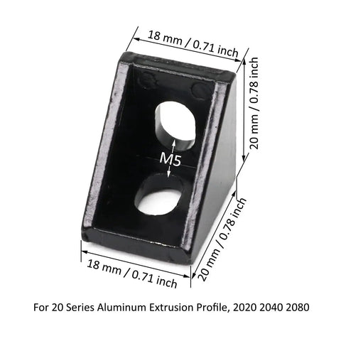 Ten Pack 20mm Aluminum T Slot Corner Bracket for 90 Degree Joins with M5 Bolts and Nuts, Black Finish, Heavy Duty, 2020 2040 20 Series Extruded Aluminum Profiles