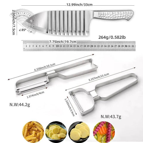 Crinkle Cut Knife For Potatoes And Vegetables With Wavy Ridged Blade, Stainless Steel Potato Cutter shown with dimensions and weight