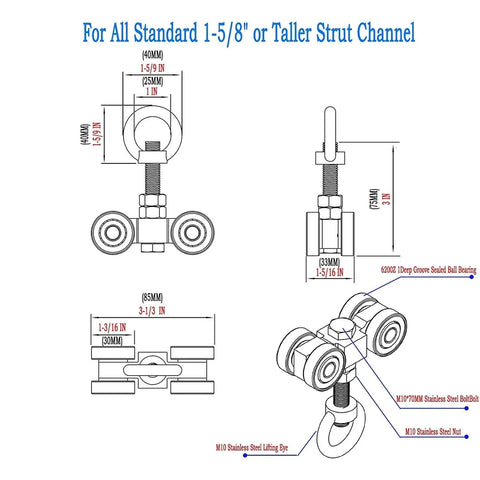 Technical diagram of four wheel silent bearing trolley assembly, fits 1-5/8" wide unistrut strut channel, includes M10 bolt, lifting eye nuts.