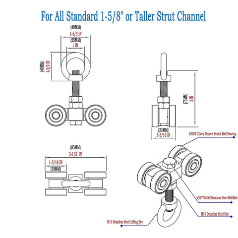 Diagram of a Four Bearing Trolley Assembly With Four Silent Wheels For 1-5/8 Inch Wide And Taller Unistrut Channel, includes M10 Bolt and Lifting Eye Nuts.