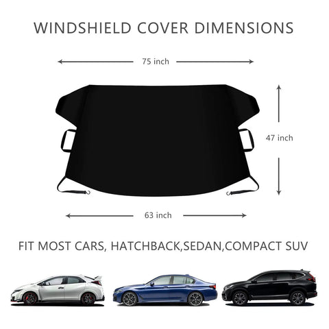 Thickened All Weather Windshield Cover For Ice And Snow With Side Mirror Covers Waterproof Frost Shield For Cars SUVs And Vans Easy Install Outdoor Windshield Protector 75 By 47 Inches showing dimensions and fit for various vehicle types.