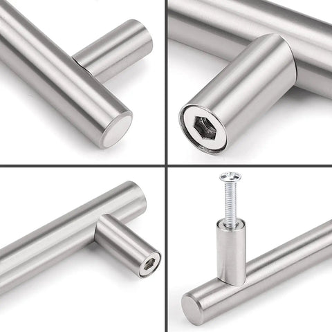 Close-up of 10 Pack Euro T Bar Cabinet Pulls 3 Inch Hole Centers Stainless Steel Kitchen Drawer Handles showing details of installation and finish
