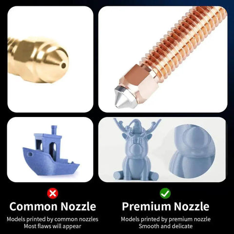 Comparison of common vs. premium nozzles for smoother 3D prints, showcasing Upgrade 0.4mm Hardened Steel Nozzles Kit For K1 SE K2 SE K1C K1 Max Ender 3 V3 Series Printers