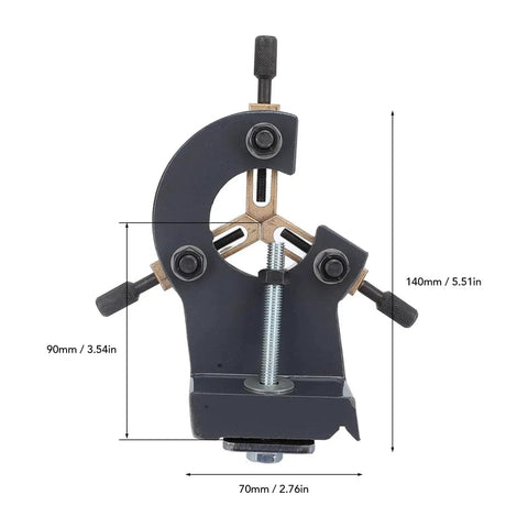 Wood Lathe Steady Rest for Mini Lathes With Three Point Support Durable Aluminum Alloy Iron Copper Build For Long Lasting Stability Baxnore Heavy Duty Stabilizer For Accurate Wood Turning And Precise Machining front view with dimensions