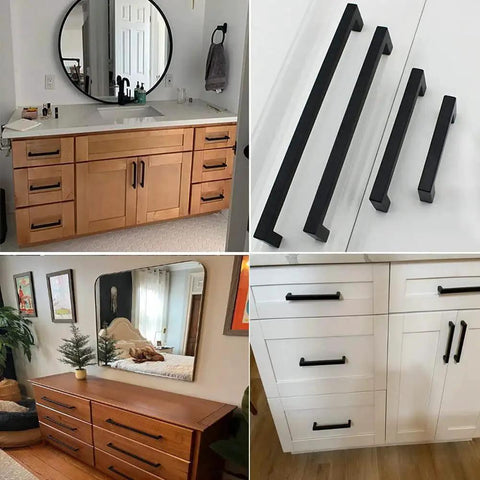 Image showing matte black cabinet pulls in various installations on wood and white drawers, highlighting modern design.