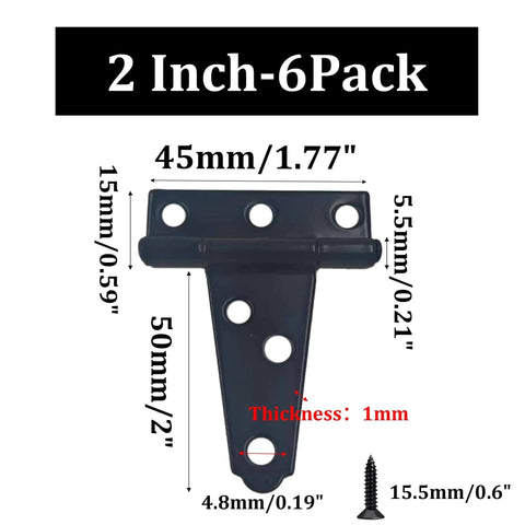 6-Pack Heavy Duty 2 Inch T-Strap Hinges In Black Rustic Iron with dimensions and screws, rustproof for outdoor sheds and barn doors.