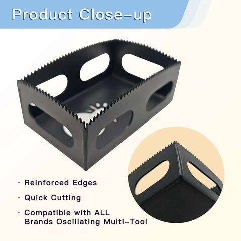 Close-up of heavy duty drywall square slot cutter, reinforced edges for precise cuts, compatible with Dewalt 20V and Milwaukee M18.