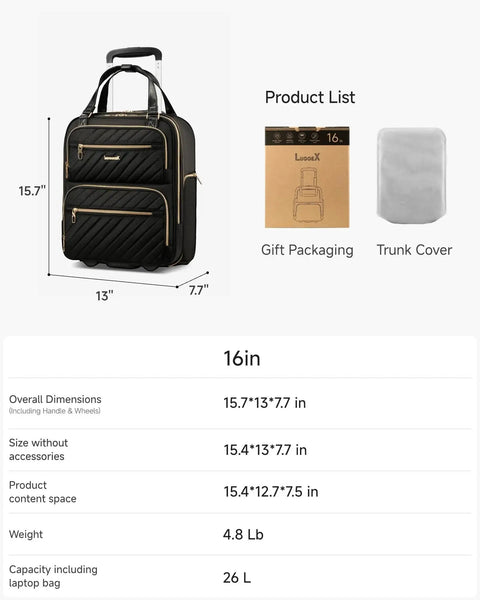 Underseat Carry On Luggage With Wheels For Quick Weekend Trips Soft Sided Personal Item Case Lightweight 16 Inch Cabin Bag, UX Core Black, shown with dimensions and packaging.