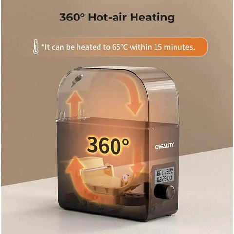 Filament Dryer Box Pro with 360 Degree Heating and Fan, showing temperature display and heating mechanism in transparent cover
