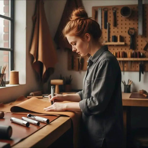 Person working on leathercraft in their workshop, surrounded by tools and materials for crafting belts, bags, and upholstery.