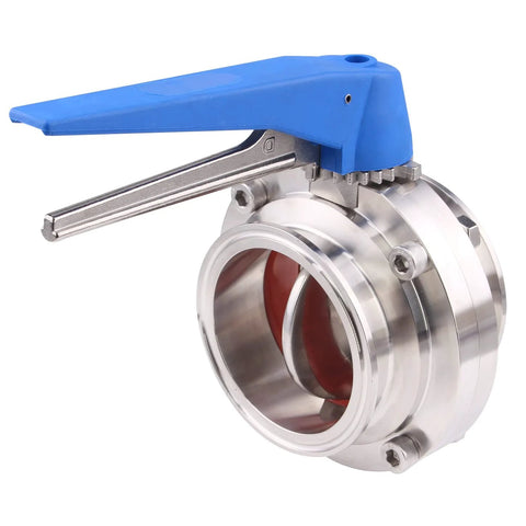 DERNORD butterfly valve with blue trigger handle, stainless steel 304 tri-clamp ends, 3-inch