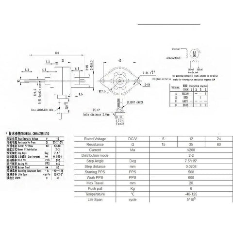 Technical schematic of 35mm Permanent Magnet Micro Screw Stepper Motor With 5V, 12V, Or 24V Options, Captive PM Stepper, 20mm Stroke