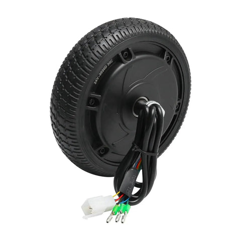 Brushless hub motor wheel with 6.5-inch road tire, black, with wiring harness.