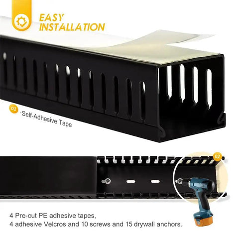 Open Slot Cable Management Kit With Upgraded Snap Structure Built For Big Cable Loads, showing black wire cover with self-adhesive tape.