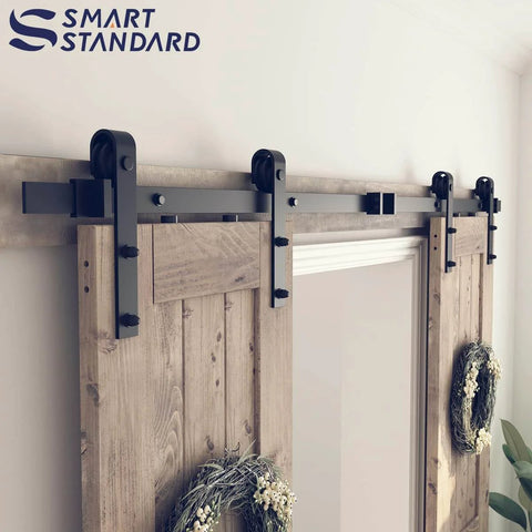 Side view of 7 Foot Double Barn Door Hardware Kit With Smooth Quiet Sliding Track Easy Install For 21 Inch Wide Door Panel J Shape Hanger Black Includes Detailed Instructions And All Mounting Hardware For Quick No Sweat Level Quiet Operation In Any Interior.