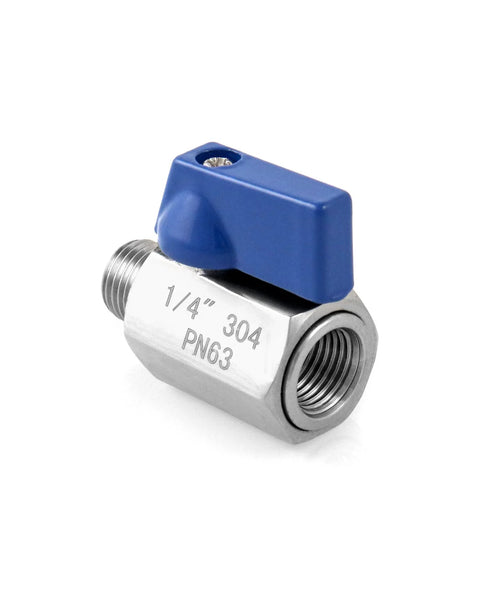 QWORK mini ball valve with blue lever, 1/4 in NPT, 304 stainless steel, male and female threaded ends