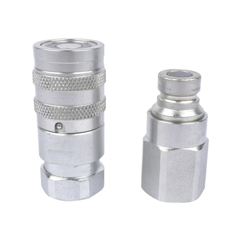 GELUOXI 1/4 in NPT hydraulic quick-connect coupler set with dust caps, two silver metal fittings.