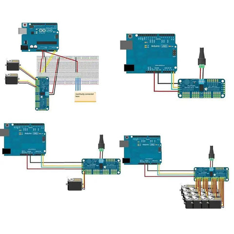 Diagram showing 16 Channel 12 Bit PWM Servo Motor Driver Board With I2C Interface for Arduino connections and setups.