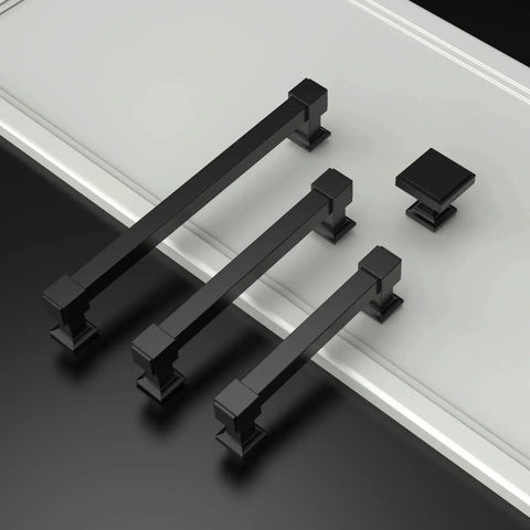 10 Pack 5-Inch Matte Black Cabinet Pulls for Cabinets and Cupboards, shown on a black and white surface, showcasing modern design and durability