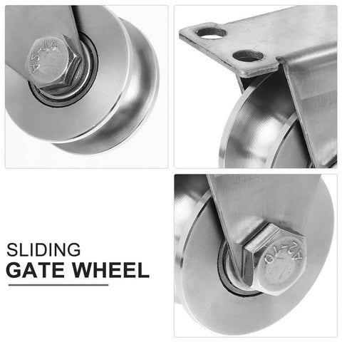 Close-up of Heavy Duty Sliding Door Rollers With Double Bearings U Groove Track Wheels Stainless Steel Triangular Bracket