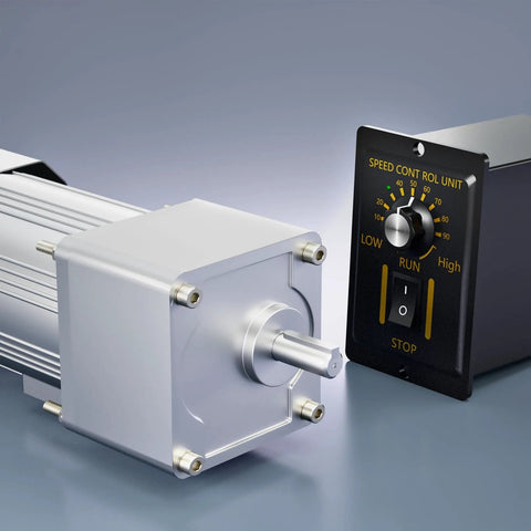 Beefy 300W 110V AC Gear Motor With 1To18 Reduction, 18mm Output Shaft shown with speed control unit, industrial machinery use.