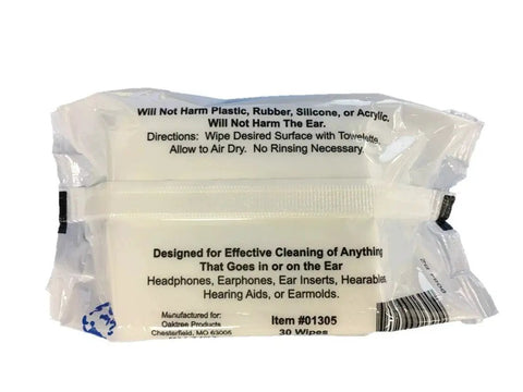 Hearing Aids Cleaning Towelettes Pouch Two Pack Alcohol Free Safe For Rubber, showing back packaging with usage instructions.
