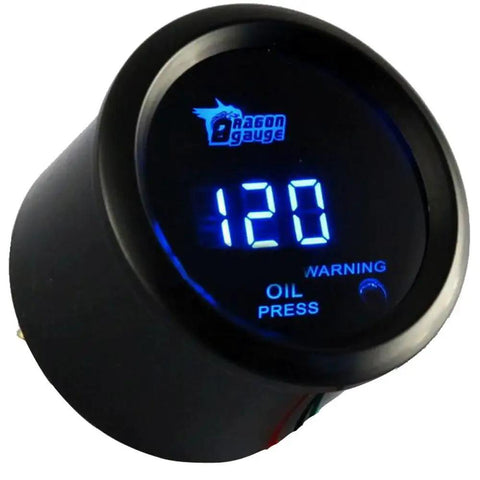 Front view of a Digital Oil Pressure Gauge For Cars 2 Inch 52mm With Blue LED Display 0 To 120 PSI DC 12V Power Supply Professional Grade NPT One Eighth Inch Sensor Thread For Automotive Engine Monitoring