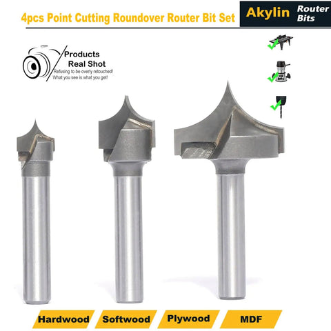 Three steel router bits from the Four Piece One Quarter Inch Shank Roundover Plunge Router Bit Set with varying cutting diameters.