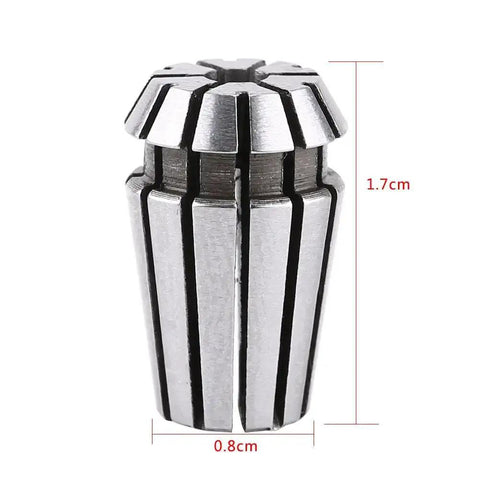 Three Piece CNC Collet Set For Lathe And Milling One Eighth Inch Four Millimeter And Six Millimeter Spring Collets For Engraving And Workholding ER11 Compatible Pro Grade Precision With Ultra Low Runout, close-up of a single collet with dimensions showing 1.7cm height and 0.8cm width.
