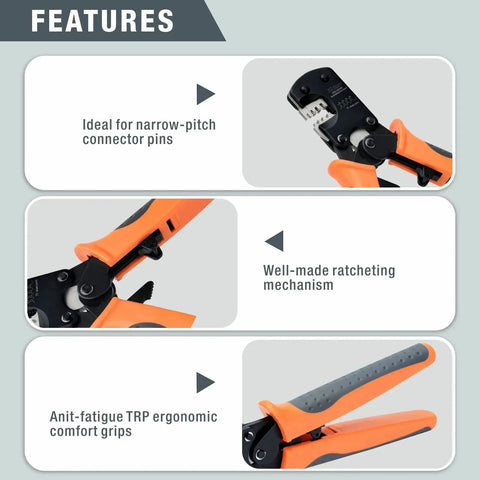 Micro Connector Pin Crimping Tool for D Sub Open Barrel Connectors with ergonomic grips and ratcheting mechanism.