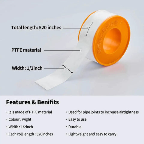 Plumber Teflon Tape 2 Pack For Pipe Joints, 520 inches length, 1/2 inch width, PTFE material, shown with orange casing