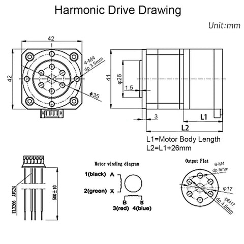 Technical drawing of Harmonic Drive High Precision Strain Wave Gear Reducer Rotary Actuators For Industrial Robots Motor Kit, 60mm size