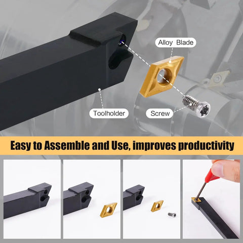 Indexable Lathe Turning Tool Set 14 Pcs Kit With Half Inch Shank Includes Four Metal Tool Holders And Ten Carbide Inserts shown in assembly