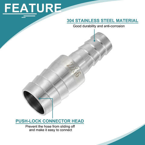 Hose barb reducer adapter, 7/8 in to 5/8 in, 304 stainless steel, silver.
