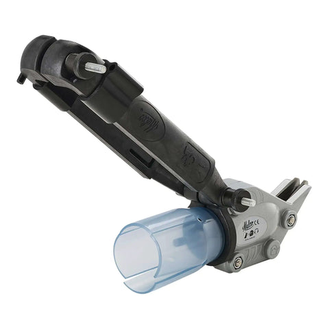 Double Cut TurboShear Attachment for drills shown in side view, designed for clean sheet metal cuts, compatible with 18 gauge material.