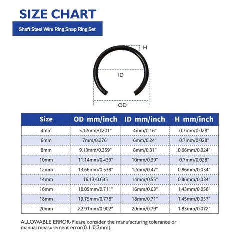 Size chart for 65Mn Spring Steel Snap Ring Set For Hole Sizes 4Mm Through 20Mm Round Wire Bearing Stop Rings Assortment Kit 180 Pcs