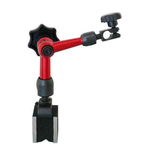 Pro Grade Dial Indicator And Magnetic Base Combo From Accusize Industrial Tools With 0-1 Inch Dial Indicator 0.001 Inch Resolution, 0.03 Inch Test Indicator With 0.0005 Inch Reading, And 30 Kg Capacity Mini Magnetic Stand Red in side view
