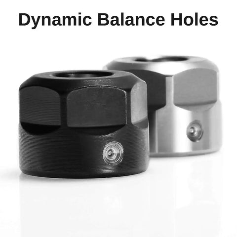 ER11-A Collet Clamping Nut Set With Dynamic Balance Holes, showing black and silver nuts made of alloy and hardened steel for CNC machines