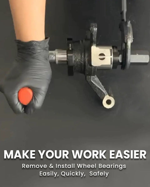 24 Piece Wheel Bearing Press Kit in use for hammer-free front wheel bearing removal on FWD car, showcasing a universal sleeve.