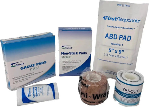 First Aid Refill Medications Without Cabinet For Emergency Preparedness Class B Exceeds OSHA ANSI Z308.1 2015 Standards Over 1250 Pieces Long Lasting Reliability Unishield with sterile gauze and pads.