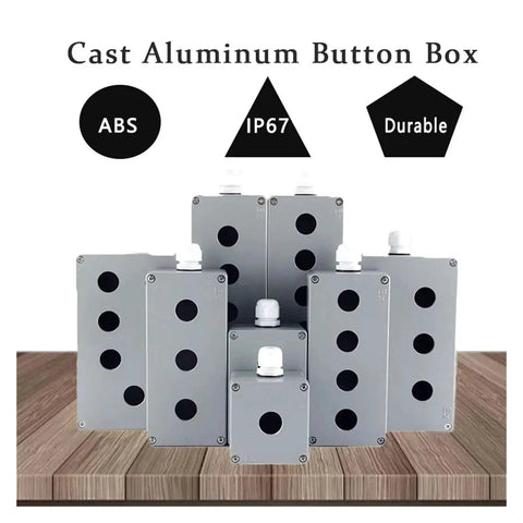 Cast aluminum button boxes, multiple sizes, shown on wooden surface, labeled ABS, IP67, durable, showcasing rugged industrial design.
