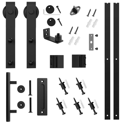 6 Ft Sliding Barn Door Hardware Kit With Track, Pull Handle Set And Floor Guide For 36 Inch Wide Doors, visible components