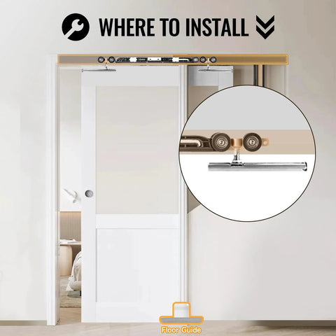 72 Inch Pocket Door Hardware Kit With Soft Close installed on 36-inch door, displaying heavy duty aluminum track for smooth sliding.