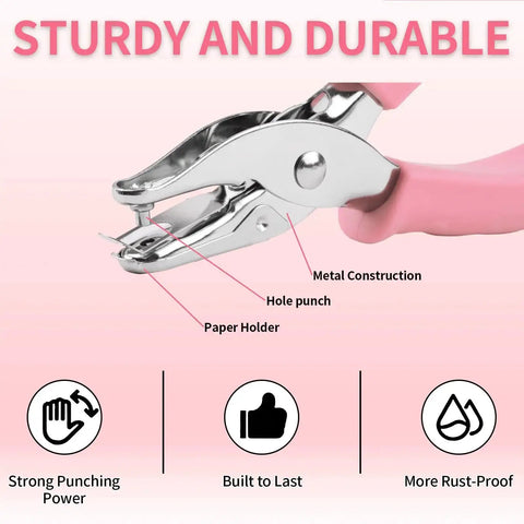 Close-up of dual hole punch set with soft grip handles in pink, showing metal construction and labeled features