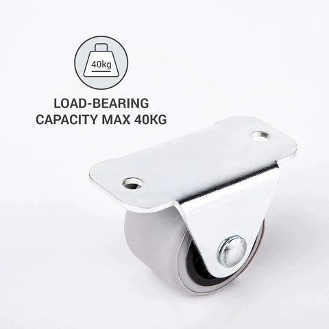 Single rubber wheel caster showing load-bearing capacity of 40kg with metal mount from pack of 8 small 1.18 inch rubber wheel casters for furniture.