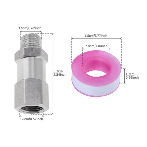 Two items: 304 stainless steel check valve (3/8 in NPT M x F) and pink PTFE tape roll.