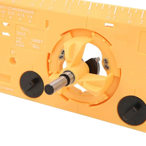 Close-up of 35mm Hinge Jig For Woodworking With Cutter And 16 Inch Bit Yellow Pro Grade Precise Hinge Hole Locator