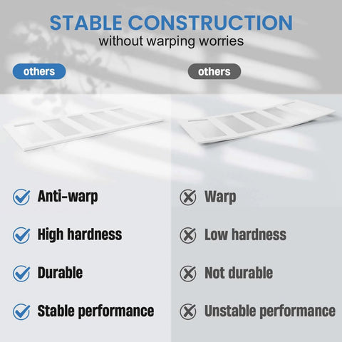Stable construction comparison showing benefits of 36 Inch By 84 Inch Glass Barn Door Slab In White MDF with Frosted Glass PVC Surface